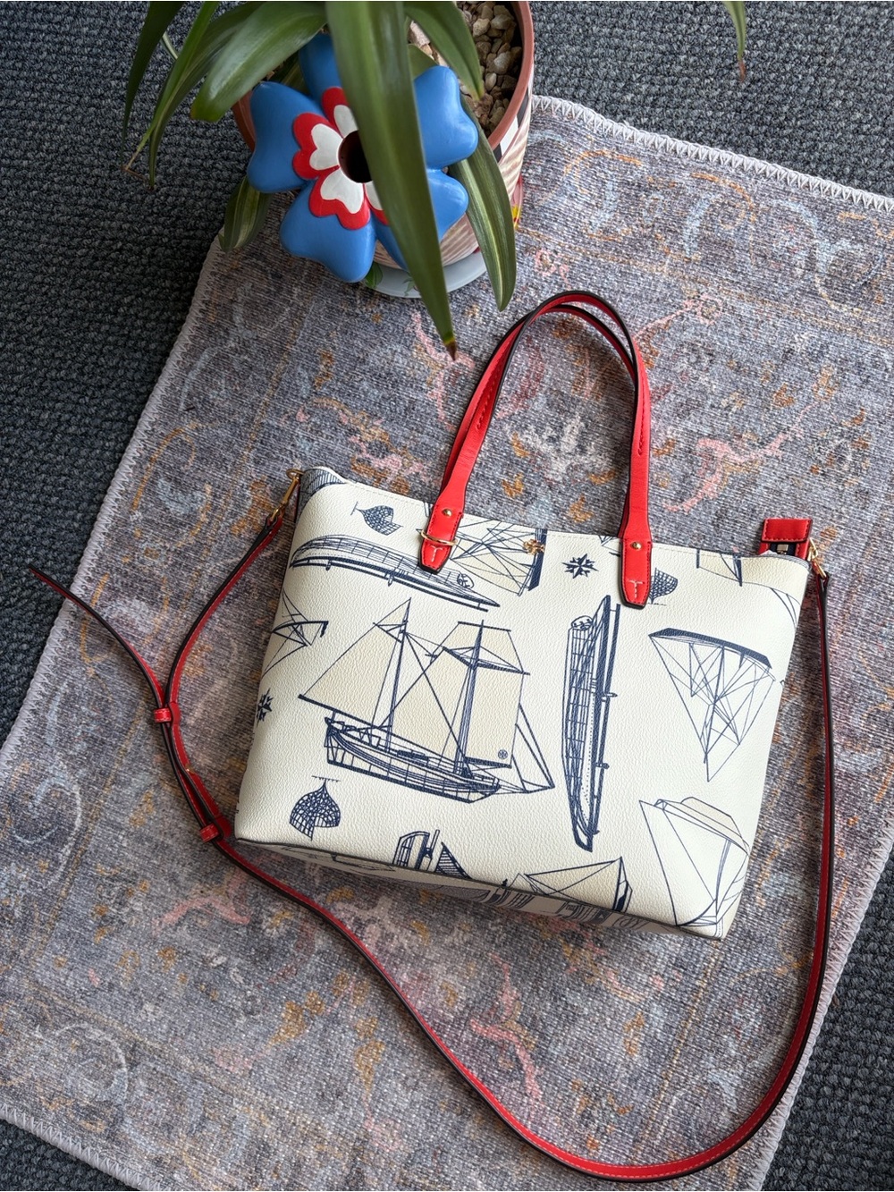 Tory Burch ‘Kerrington’ Small Nautical Ship Print Tote Orange-Red Trim & Strap